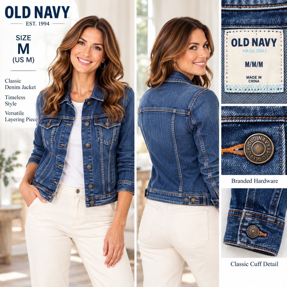 Old Navy Women's M Denim Jean Jacket Dark Wash Stretch Trucker Button Blue #1882